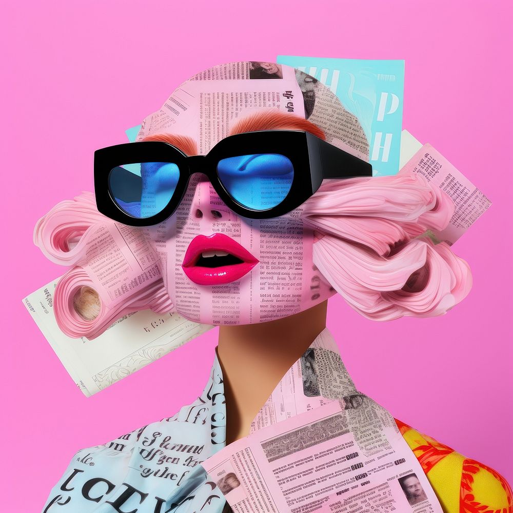 Minimal pop art collage represent of y2k fashion newspaper advertisement accessories.