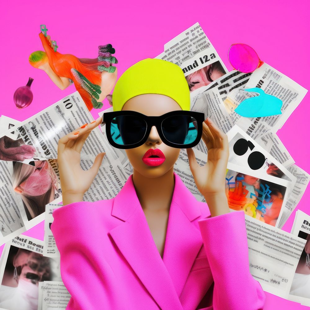 Minimal pop art collage represent of y2k fashion advertisement accessories publication.