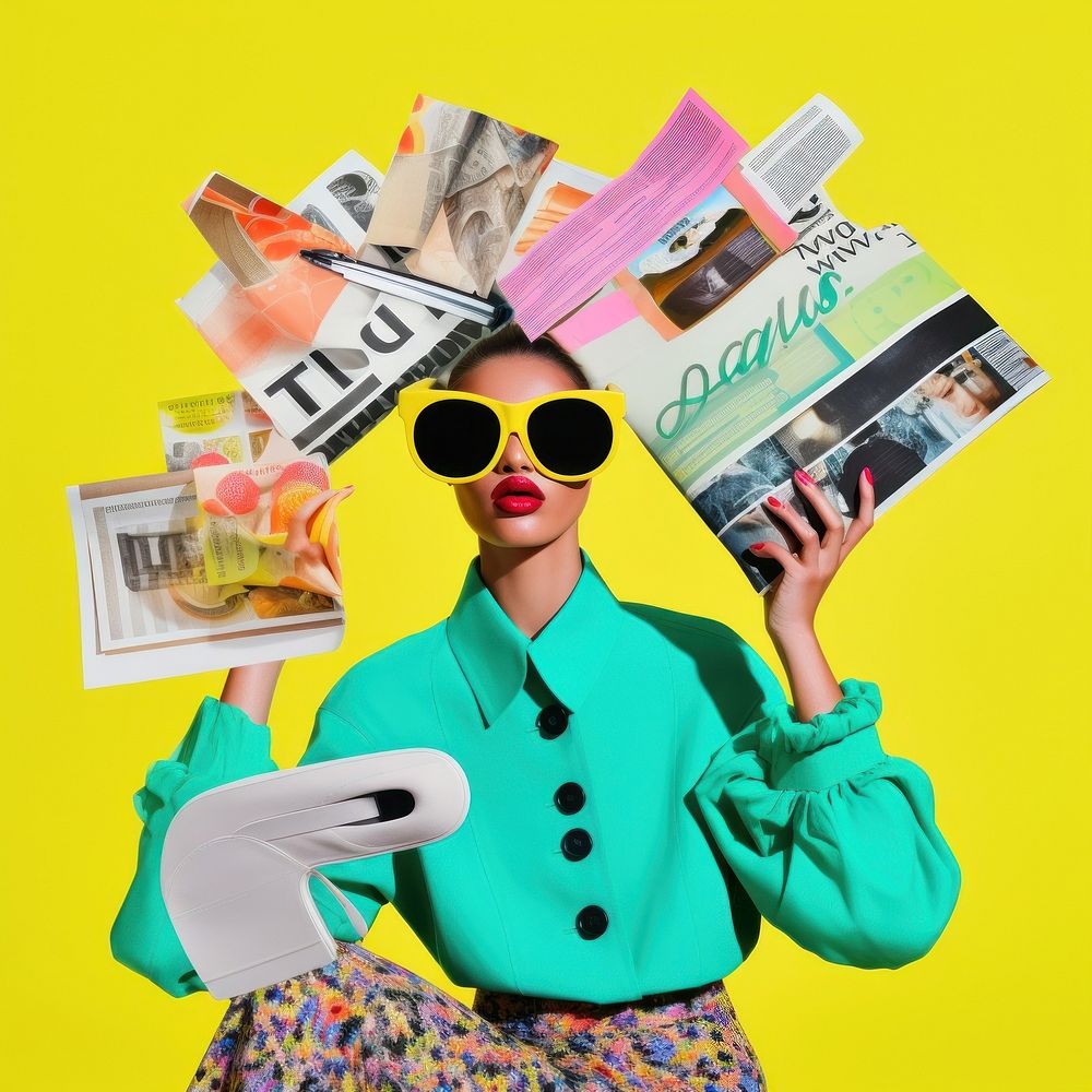 Minimal pop art collage represent of y2k fashion advertisement publication accessories.