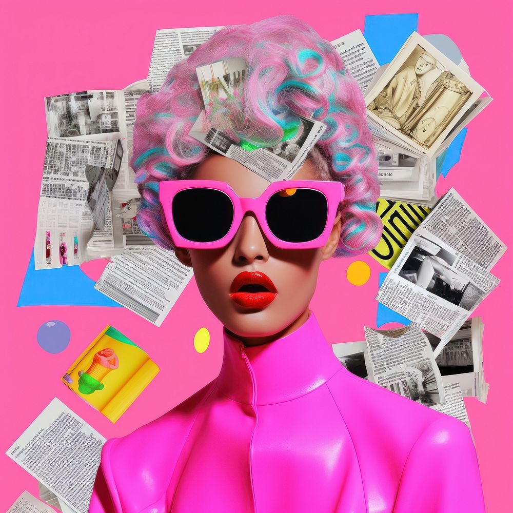 Minimal pop art collage represent of y2k fashion publication person purple.