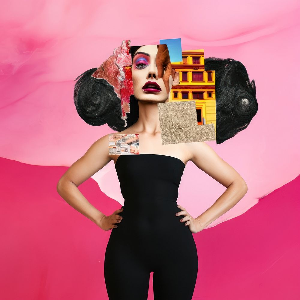 Symbolic mixed collage graphic element representing of drag queen photography performer portrait.