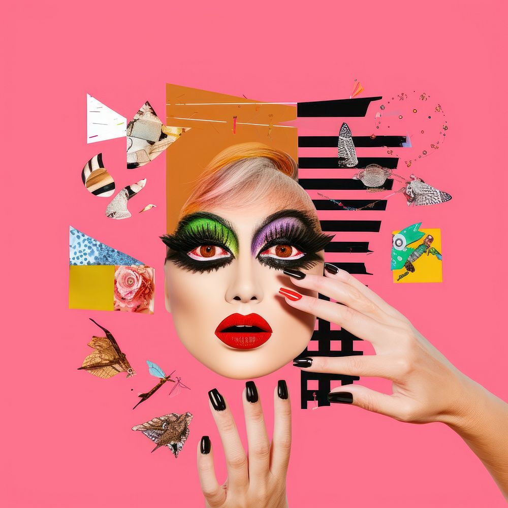 Symbolic mixed collage graphic element representing of drag queen advertisement female person.