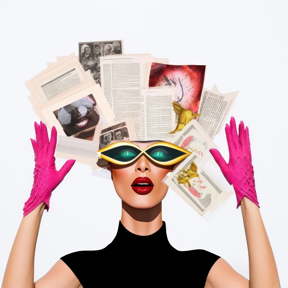 Symbolic mixed collage graphic element representing of drag queen advertisement photography accessories.
