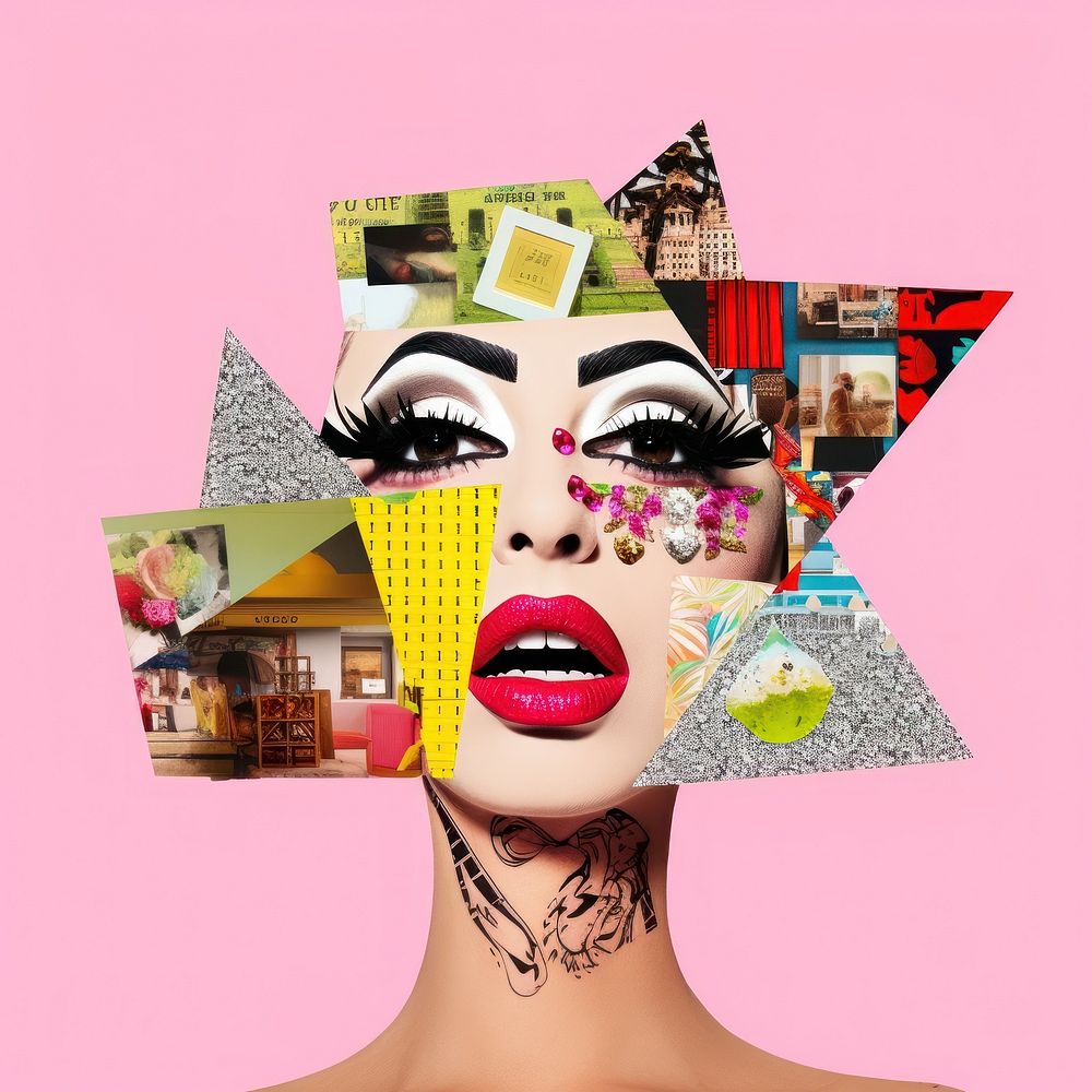 Symbolic mixed collage graphic element representing of drag queen person female tattoo.
