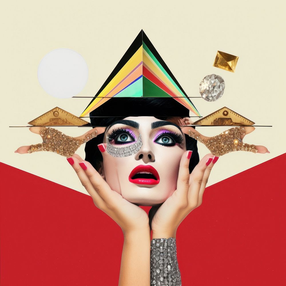 Symbolic mixed collage graphic element representing of drag queen photography clothing portrait.