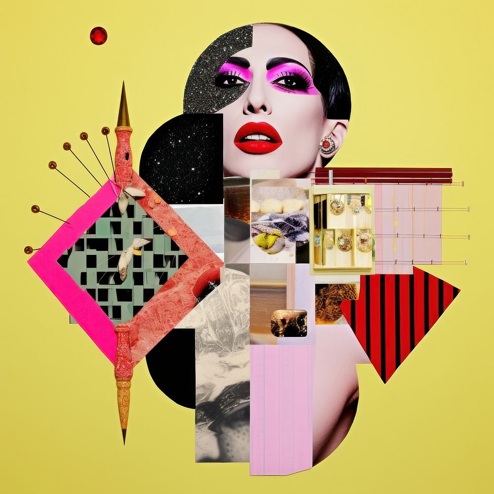Symbolic mixed collage graphic element representing of drag queen symbol female person.