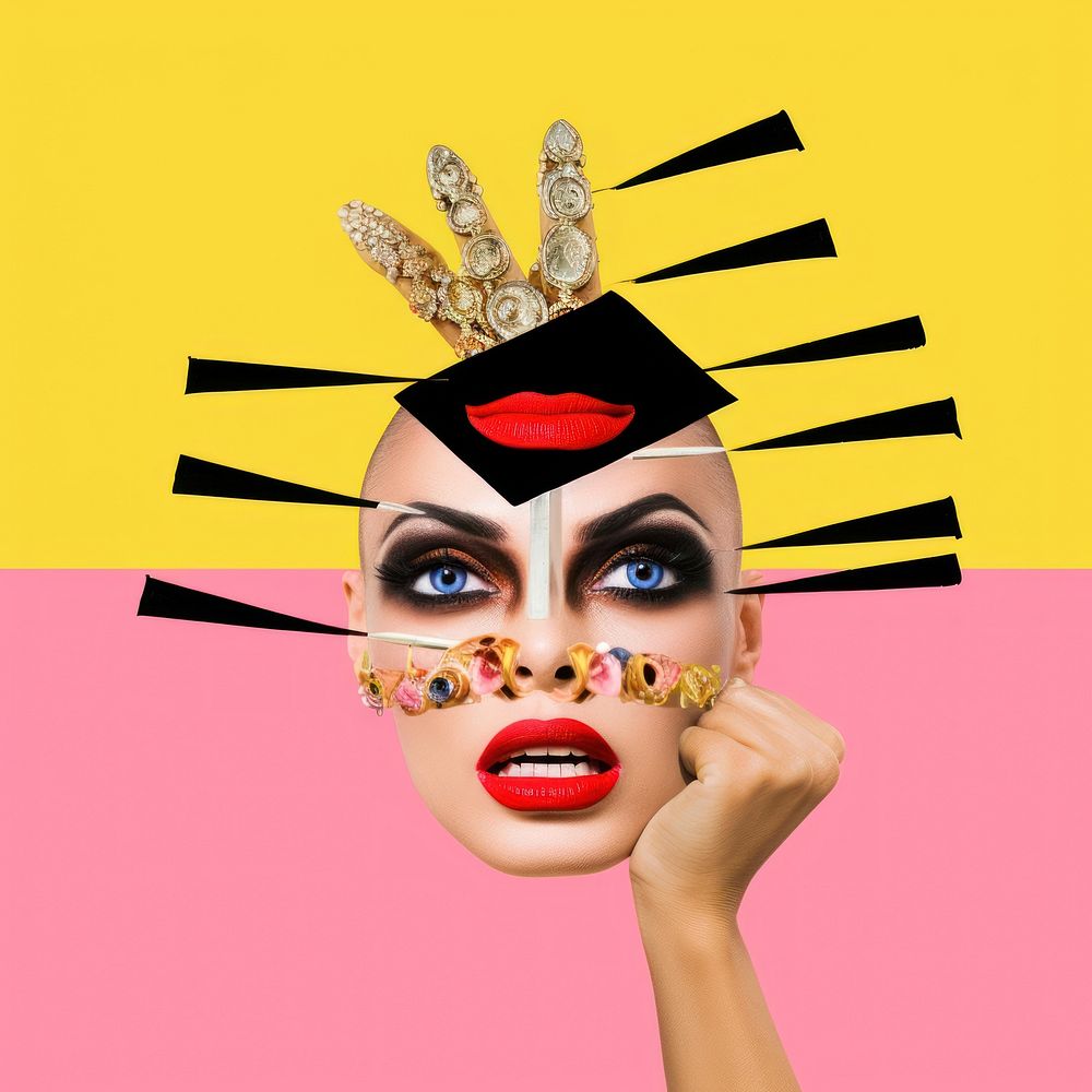 Symbolic mixed collage graphic element representing of drag queen symbol photography portrait.