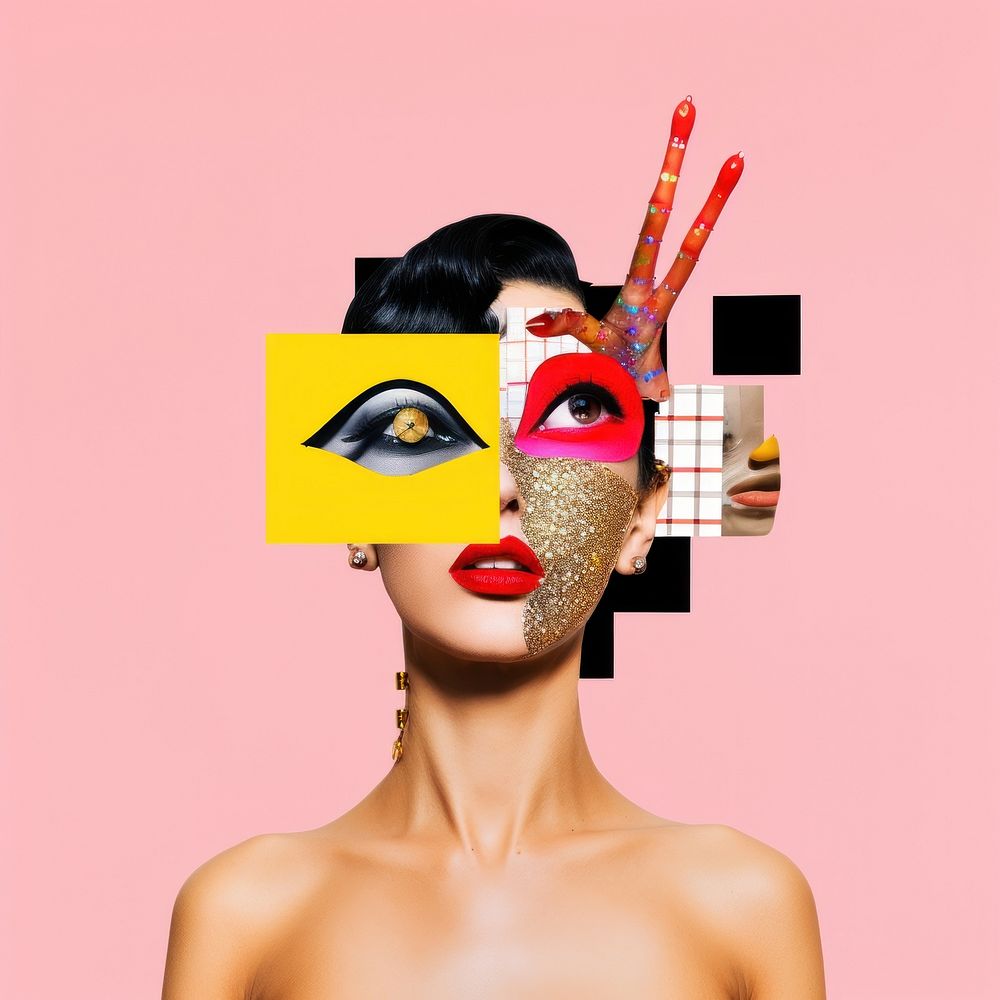 Symbolic mixed collage graphic element representing of drag queen photography cosmetics portrait.