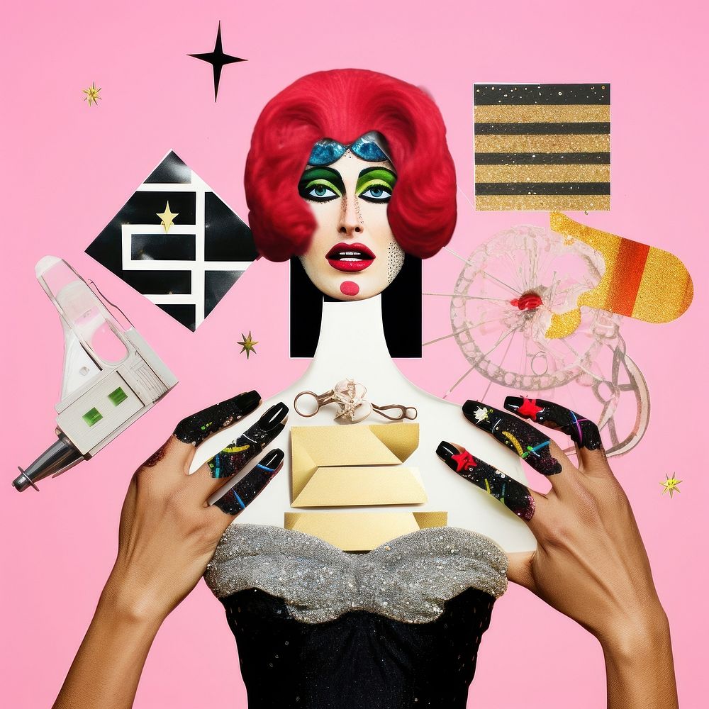 Symbolic mixed collage graphic element representing of drag queen female person adult.