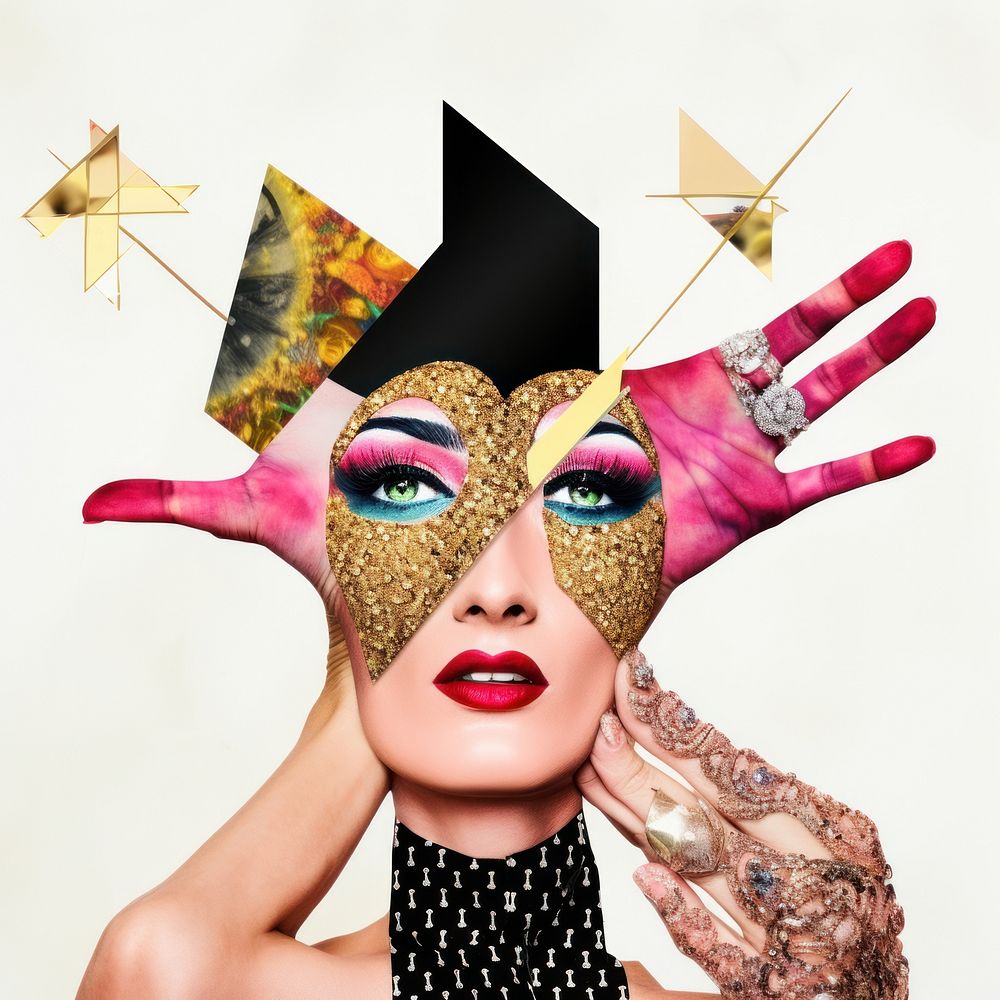 Symbolic mixed collage graphic element representing of drag queen photography carnival portrait.