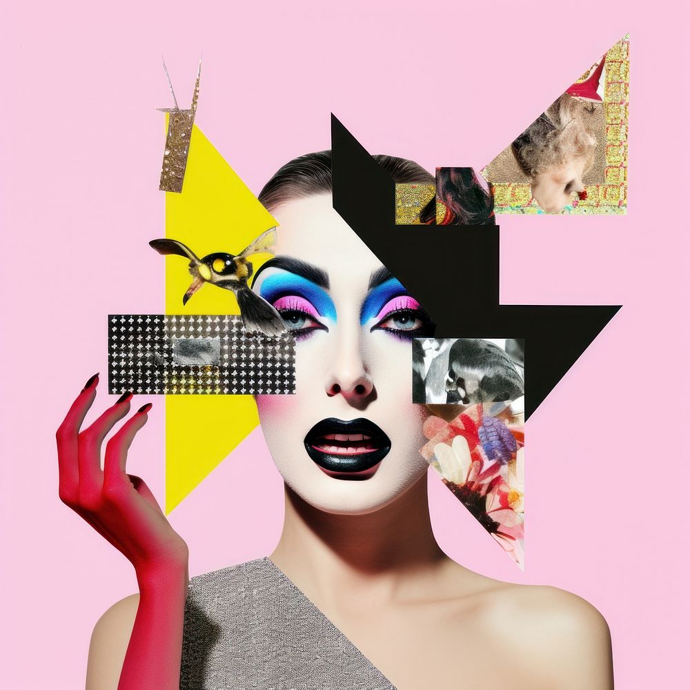 Symbolic mixed collage graphic element representing of drag queen advertisement photography portrait.