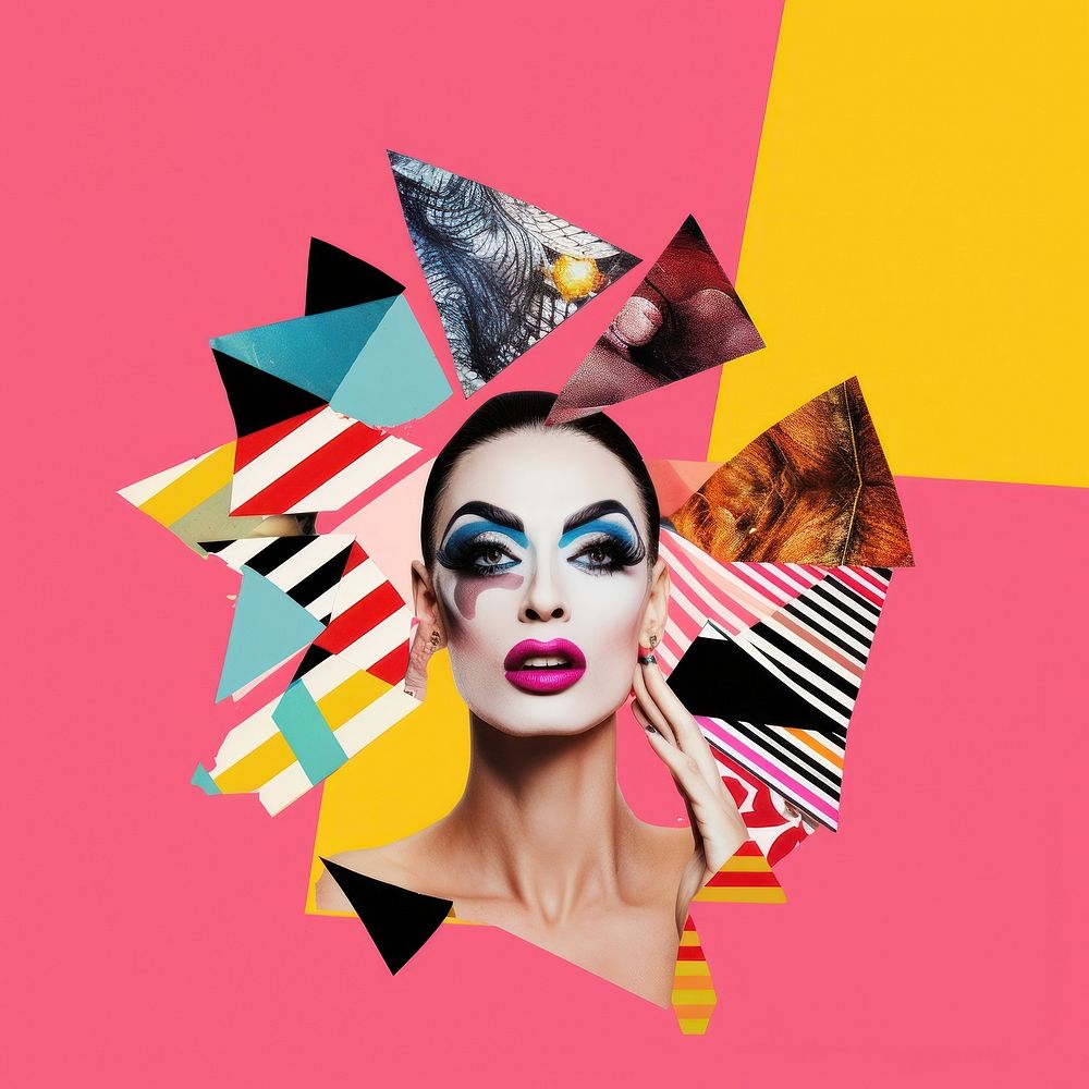 Symbolic mixed collage graphic element representing of drag queen advertisement female person.