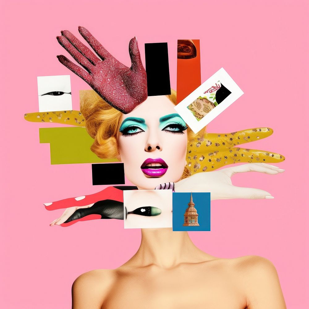 Symbolic mixed collage graphic element representing of drag queen advertisement clothing brochure.