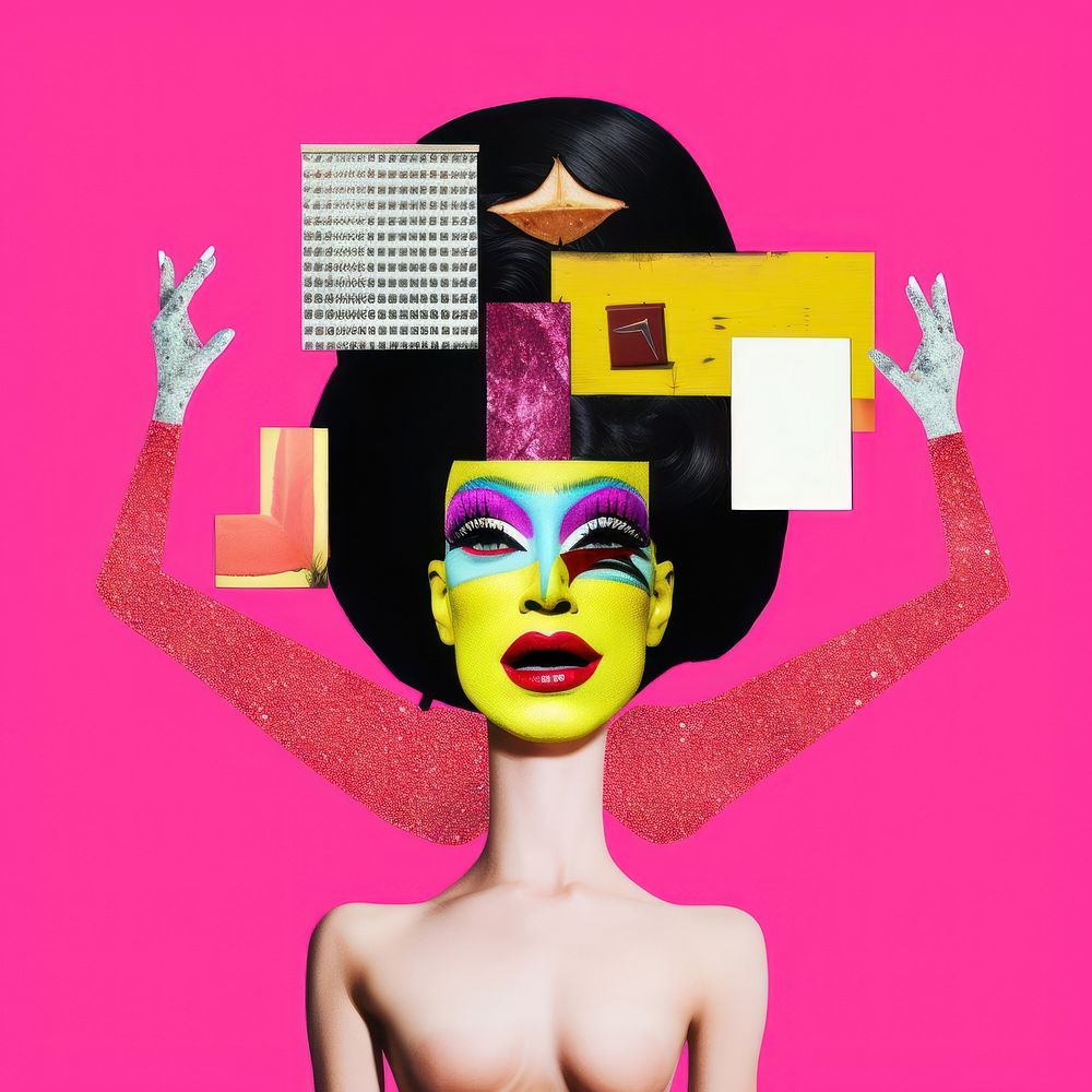 Symbolic mixed collage graphic element representing of drag queen photography portrait female.