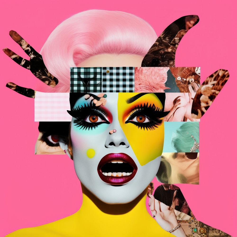 Symbolic mixed collage graphic element representing of drag queen female person adult.