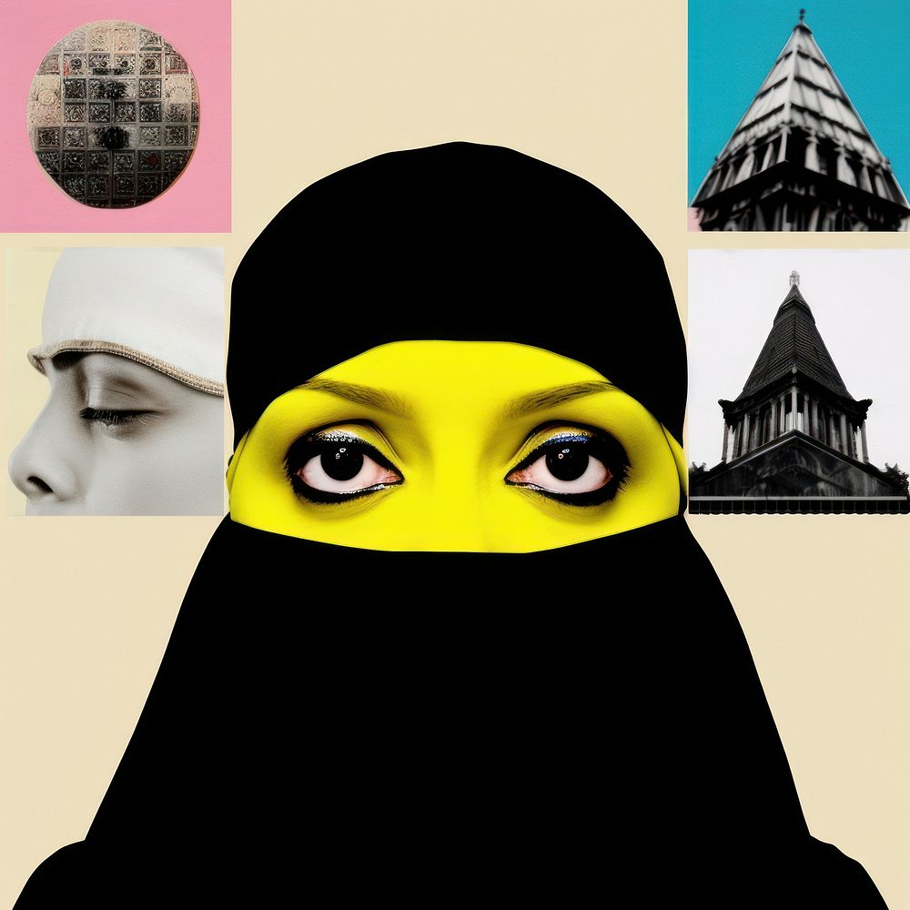 Pop muslim traditional art collage represent of muslim culture clothing apparel female.