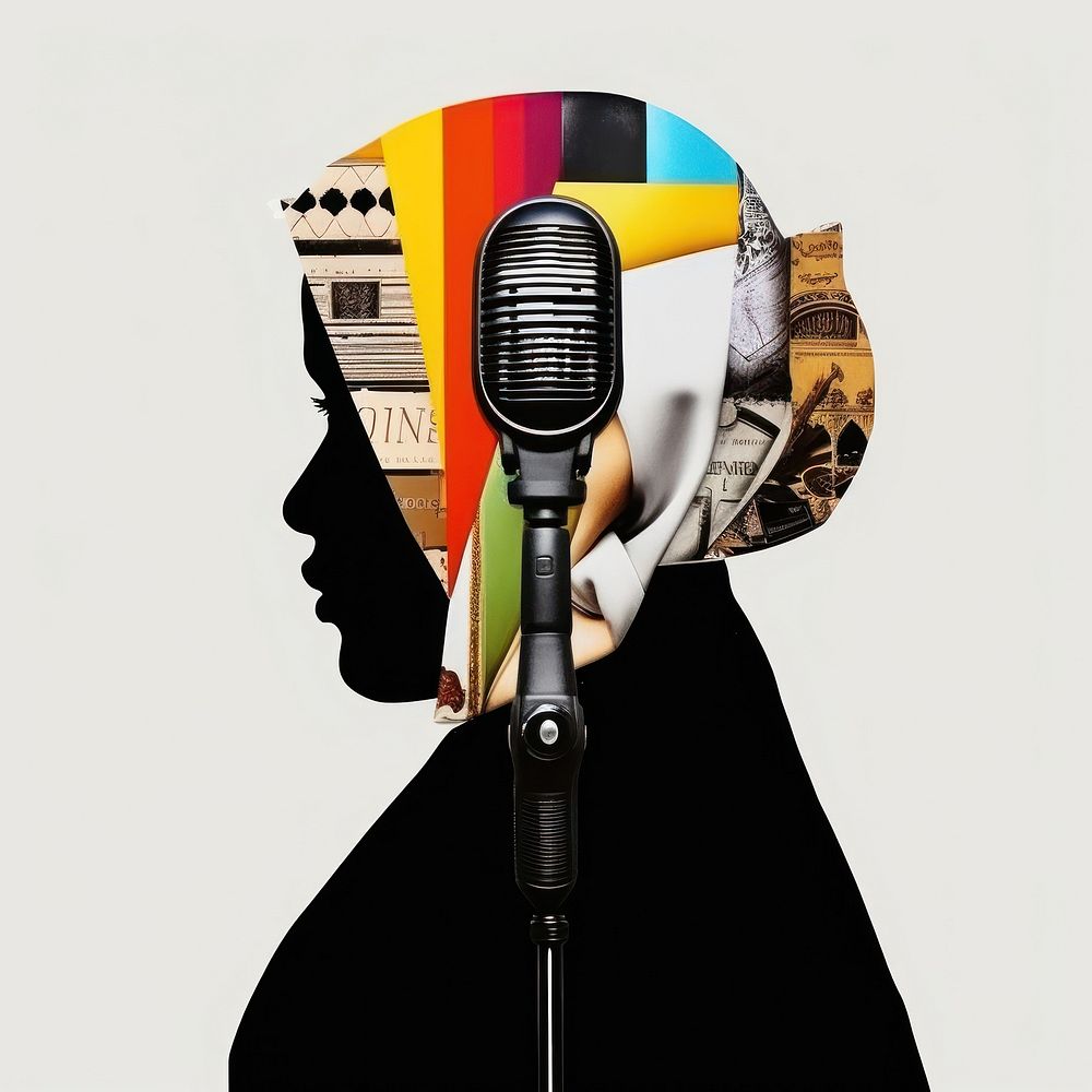 Pop muslim traditional art collage represent of muslim culture microphone performer female.