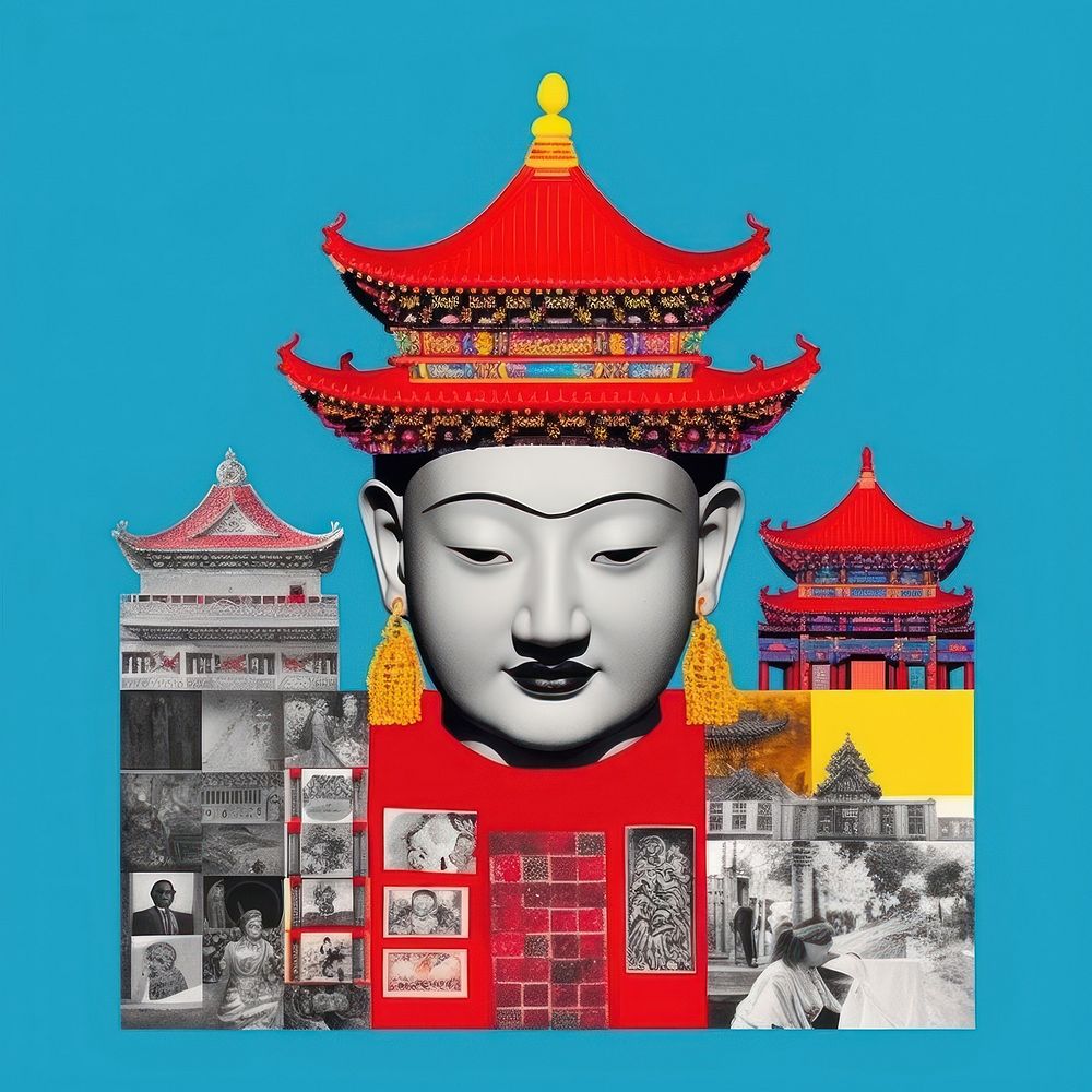 Pop china traditional art collage represent of china culture architecture clothing building.