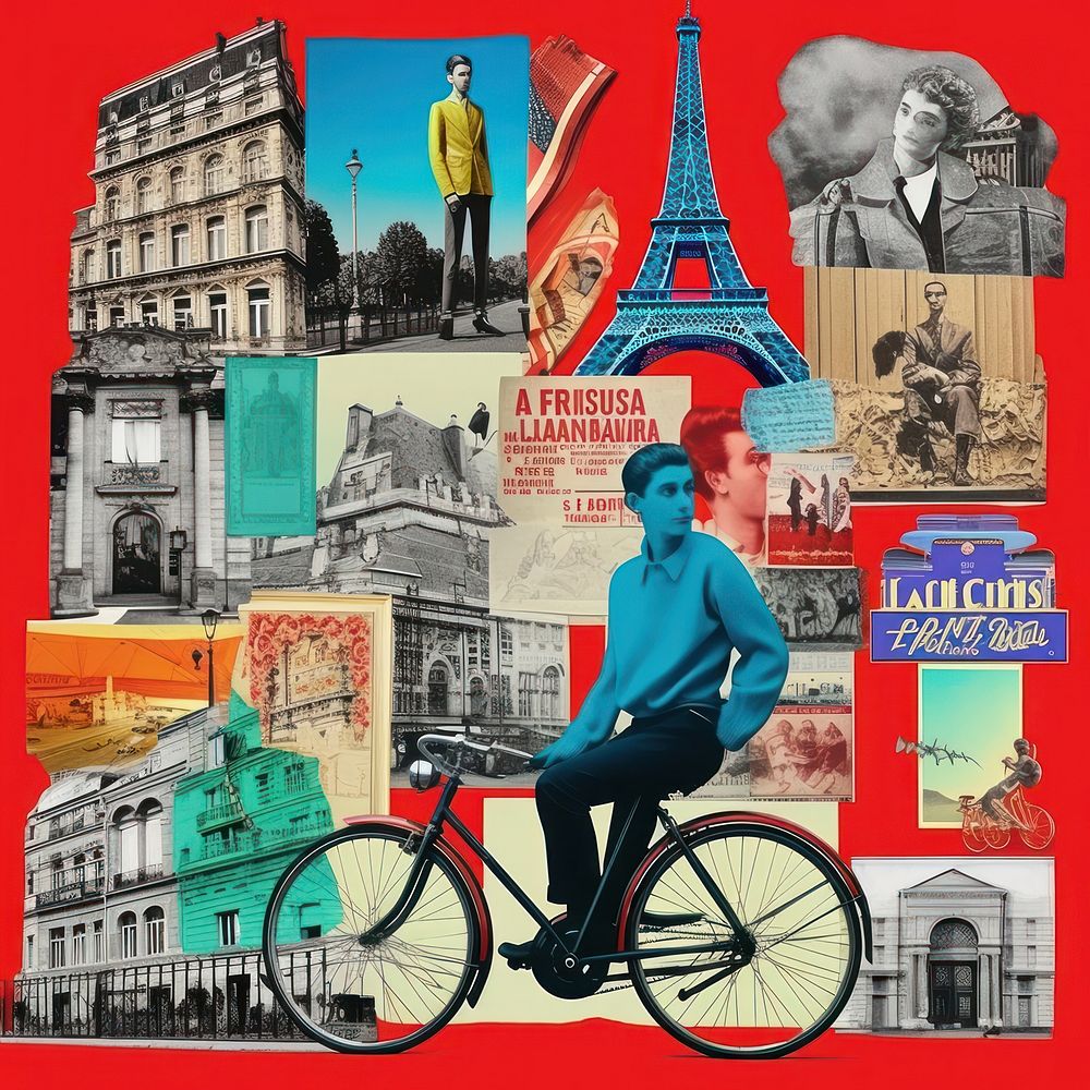 Pop france traditional art collage represent of france culture transportation advertisement brochure.