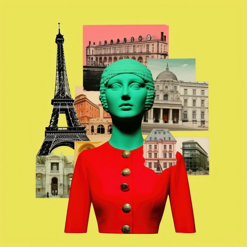 Pop france traditional art collage represent of france culture advertisement brochure female.