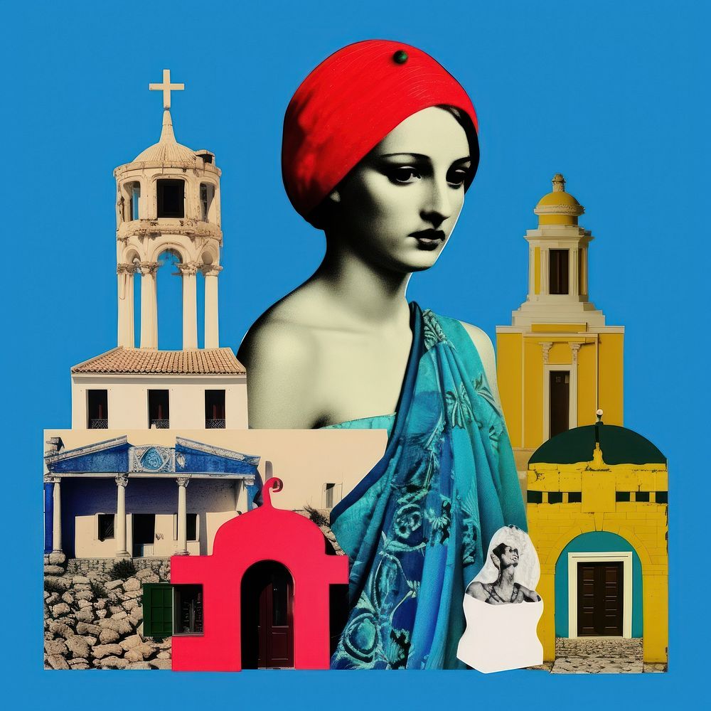 Pop greece traditional art collage represent of greece culture architecture building clothing.