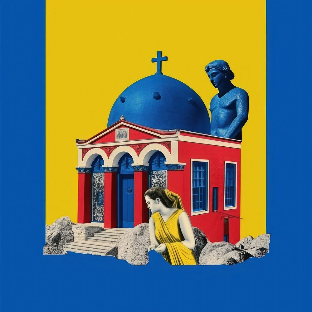 Pop greece traditional art collage represent of greece culture architecture cathedral building.