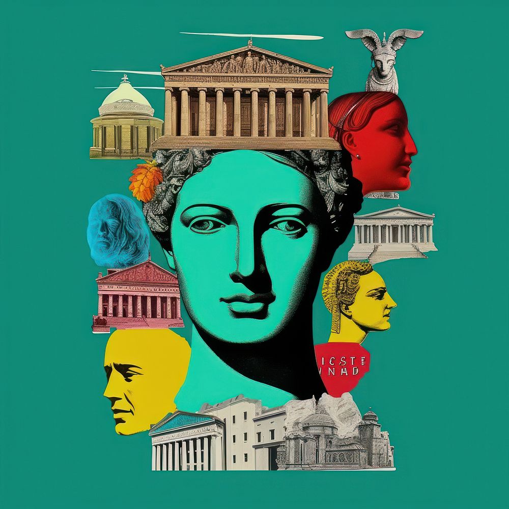 Pop greece traditional art collage represent of greece culture advertisement brochure poster.