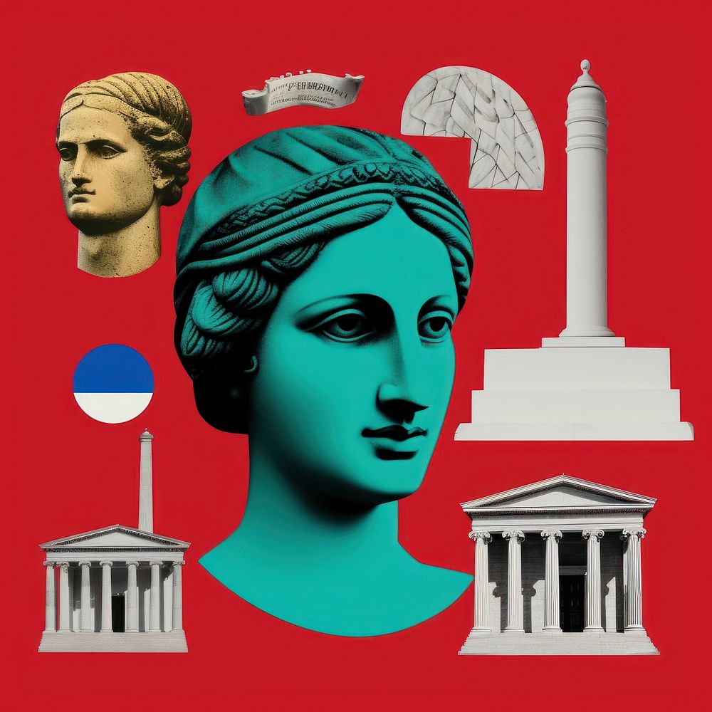 Pop greece traditional art collage represent of greece culture sculpture female person.