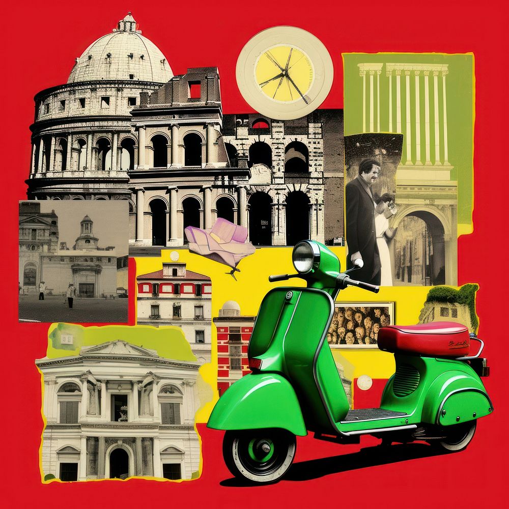 Pop italy traditional art collage represent of italy culture transportation motorcycle scooter.