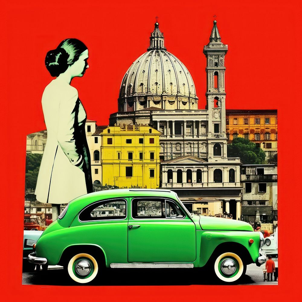 Pop italy traditional art collage represent of italy culture transportation advertisement architecture.
