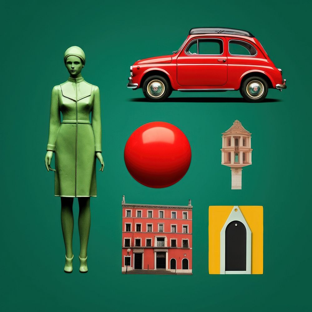 Pop italy traditional art collage represent of italy culture transportation advertisement automobile.