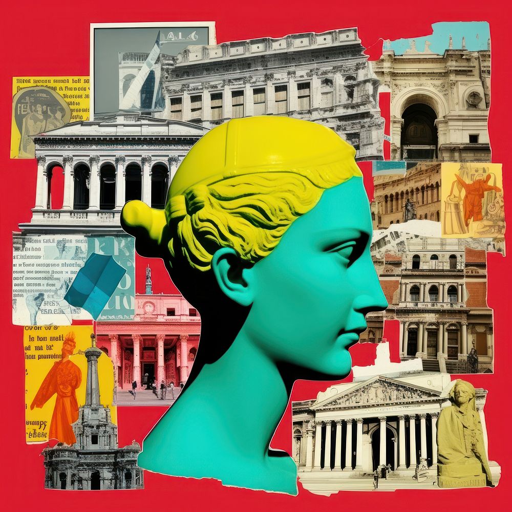 Pop italy traditional art collage represent of italy culture advertisement brochure female.
