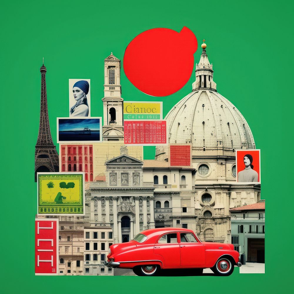 Pop italy traditional art collage represent of italy culture transportation advertisement automobile.