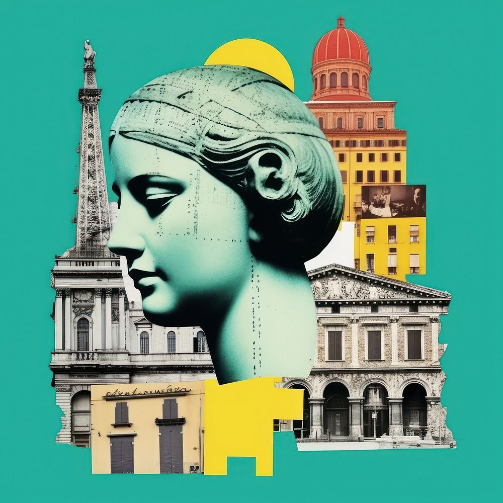 Pop italy traditional art collage represent of italy culture advertisement metropolis sculpture.