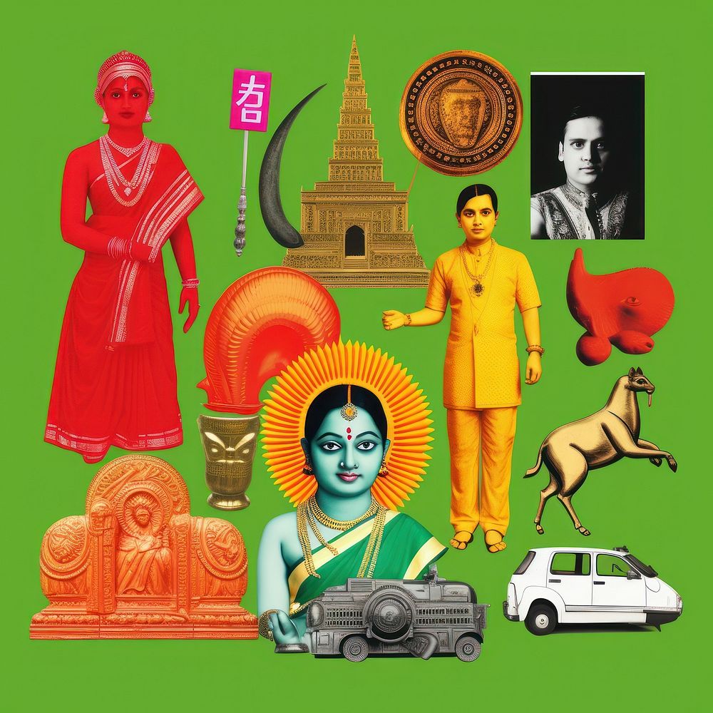 Pop india traditional art collage represent of india culture advertisement worship female.