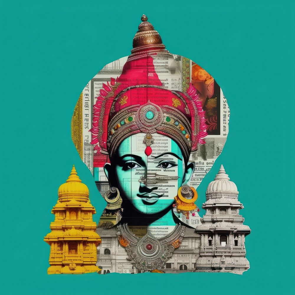Pop india traditional art collage represent of india culture worship person prayer.