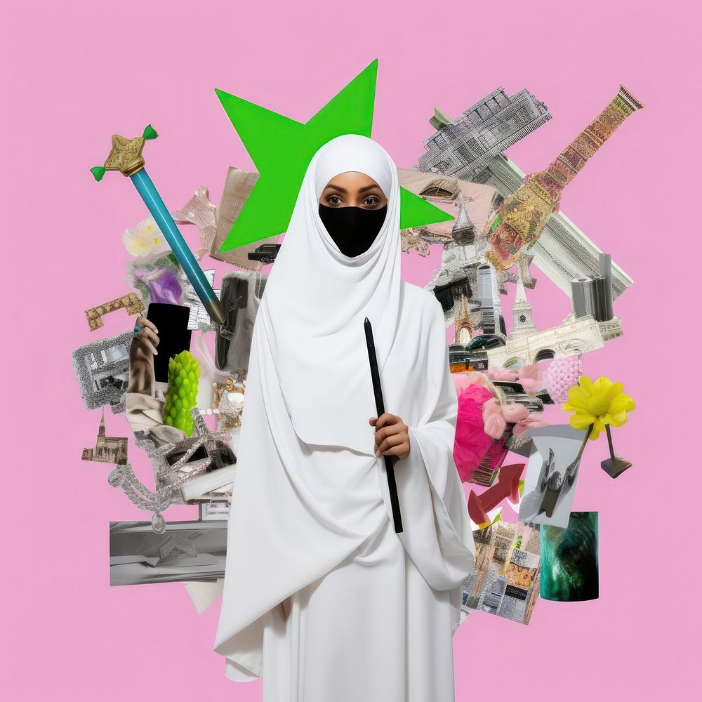 Pop islam art collage represent of islam culture blossom people person.