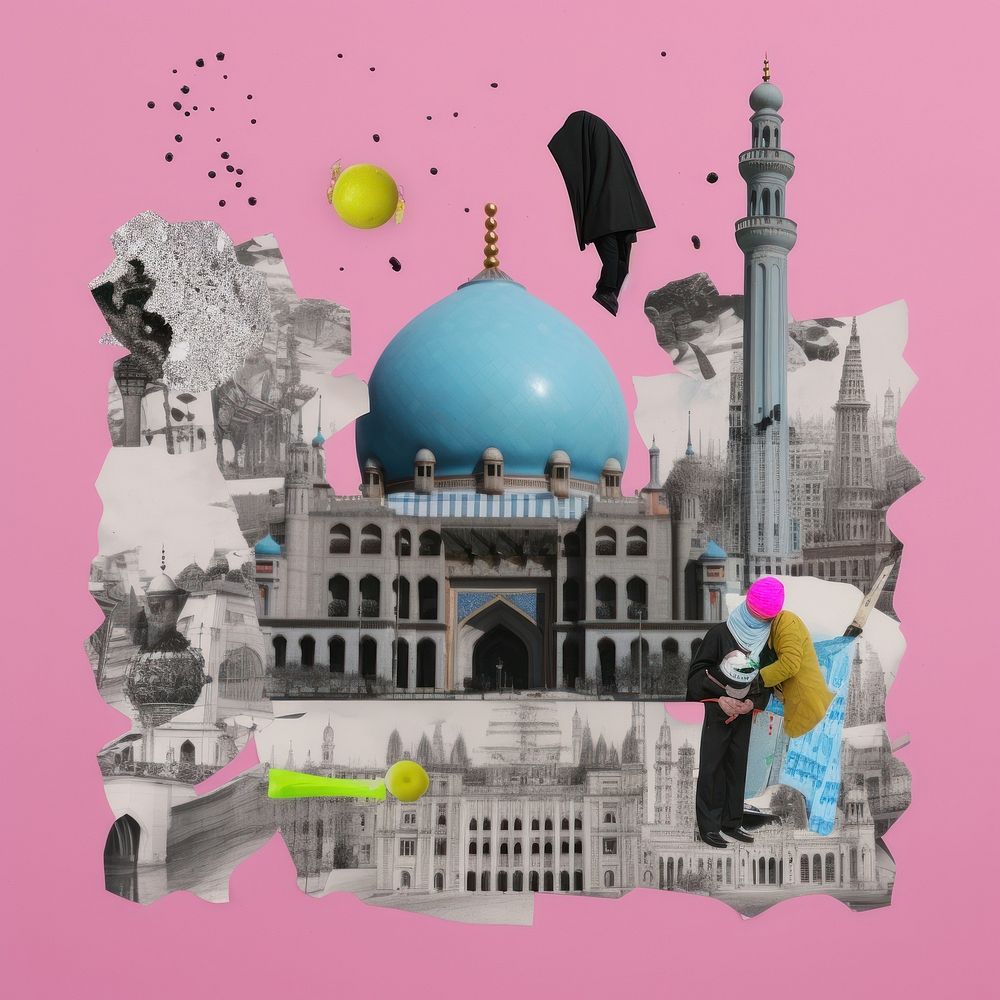 Pop islam art collage represent of islam culture architecture building clothing.