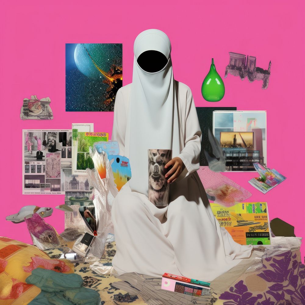 Pop islam art collage represent of islam culture furniture female person.