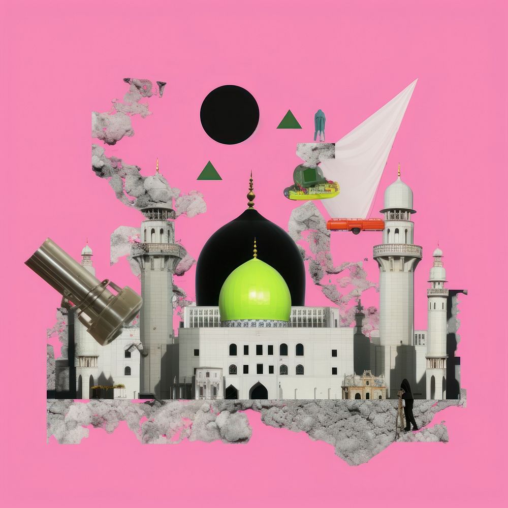 Pop islam art collage represent of islam culture architecture building person.