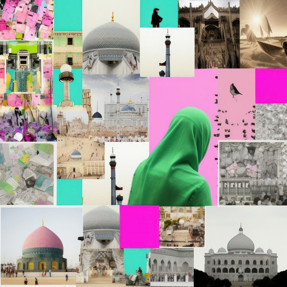 Pop islam art collage represent of islam culture architecture building female.