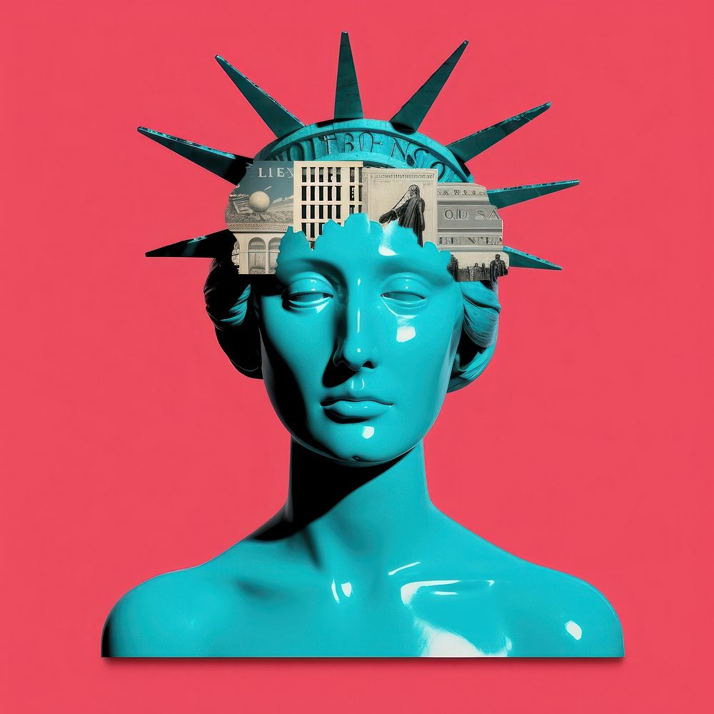 Pop USA traditional art collage represent of USA culture transportation advertisement sculpture.