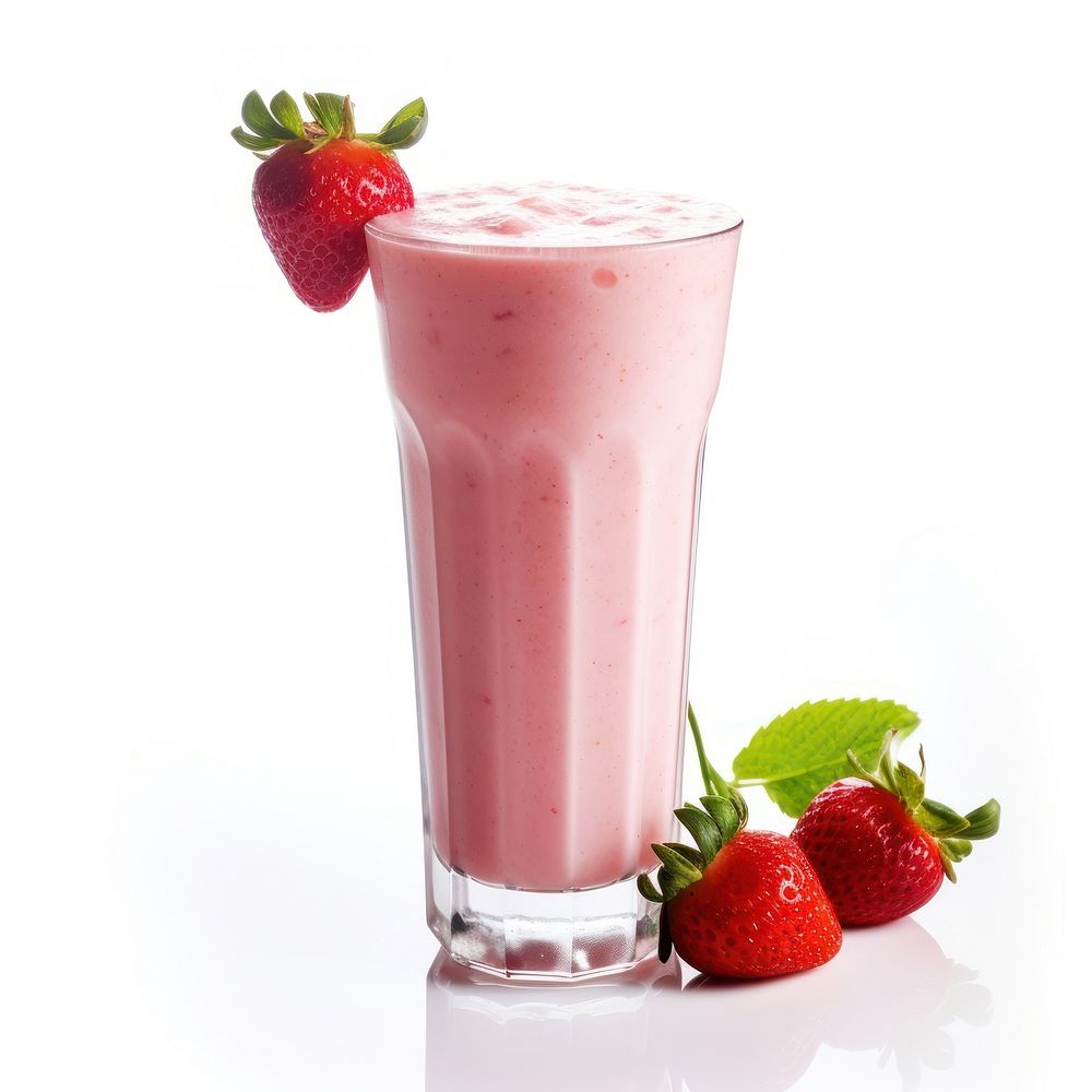 Close up on pale strawberry smoothie milkshake beverage produce.