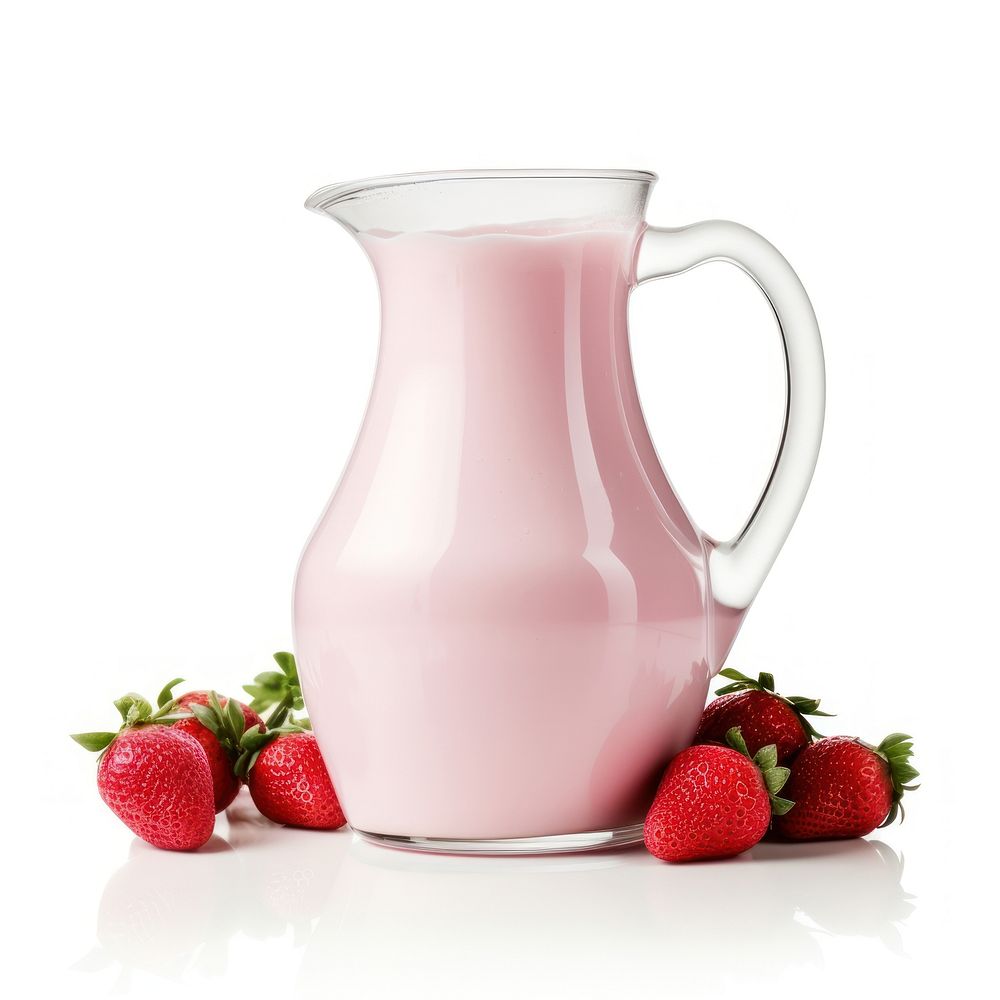 A pitcher of strawberry milk beverage produce drink.