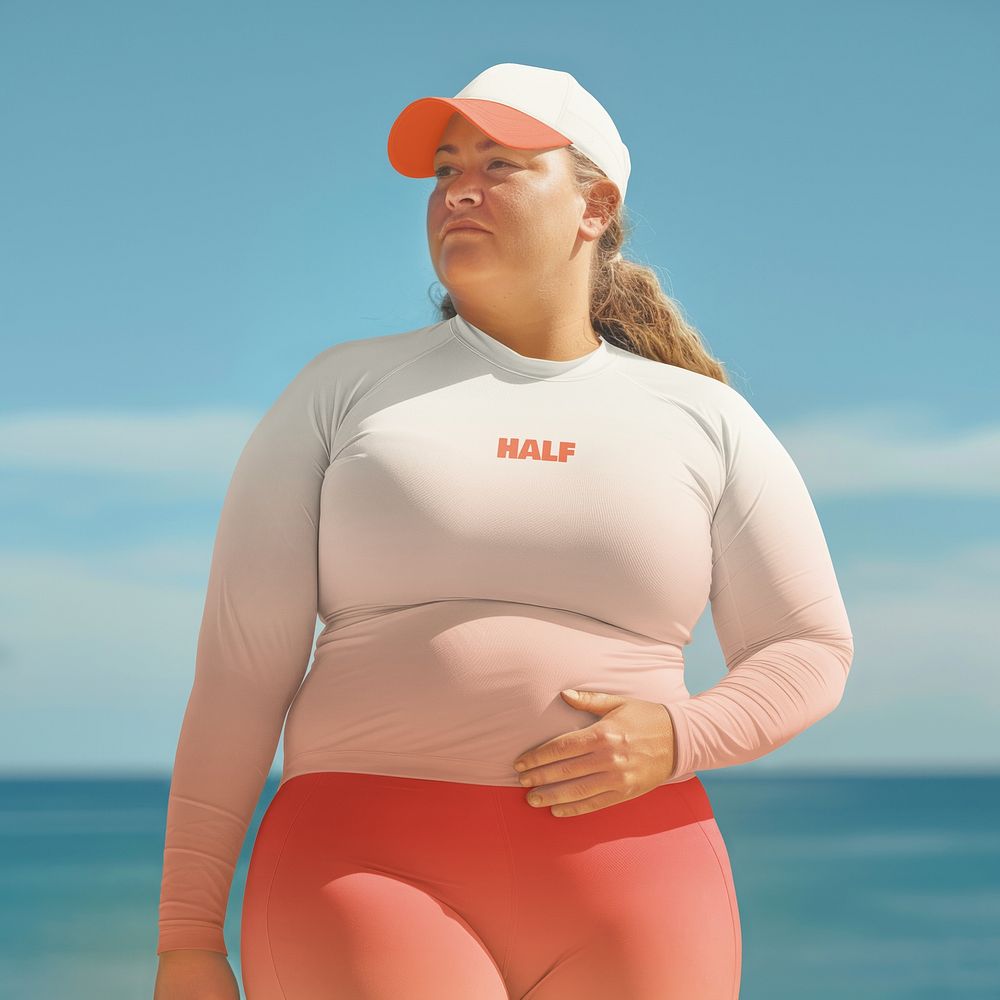 Plus size woman in gradient long sleeve swim shirt
