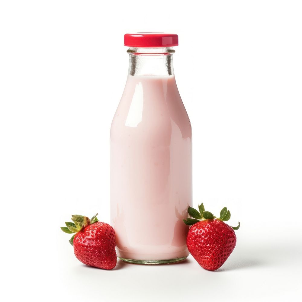 Strawberry milk bottle beverage produce drink.