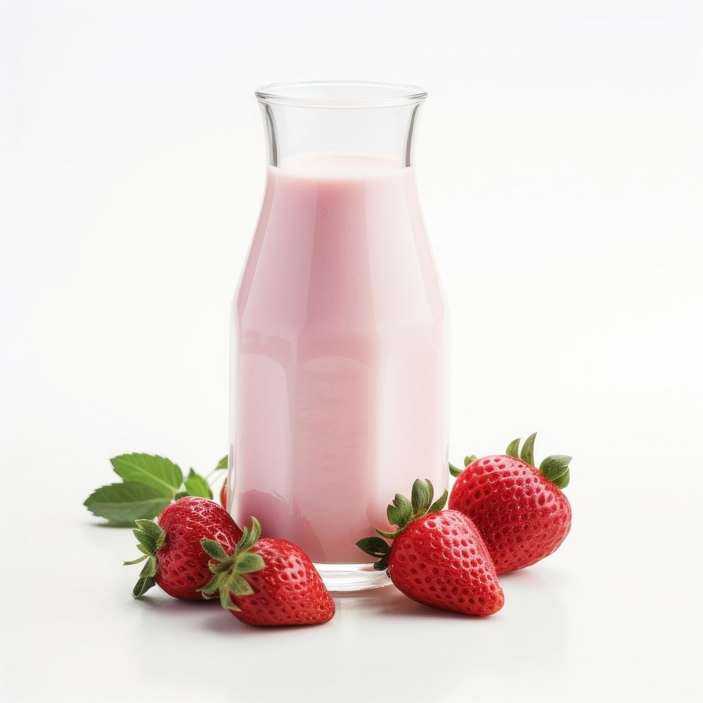 Strawberry milk bottle beverage produce fruit.