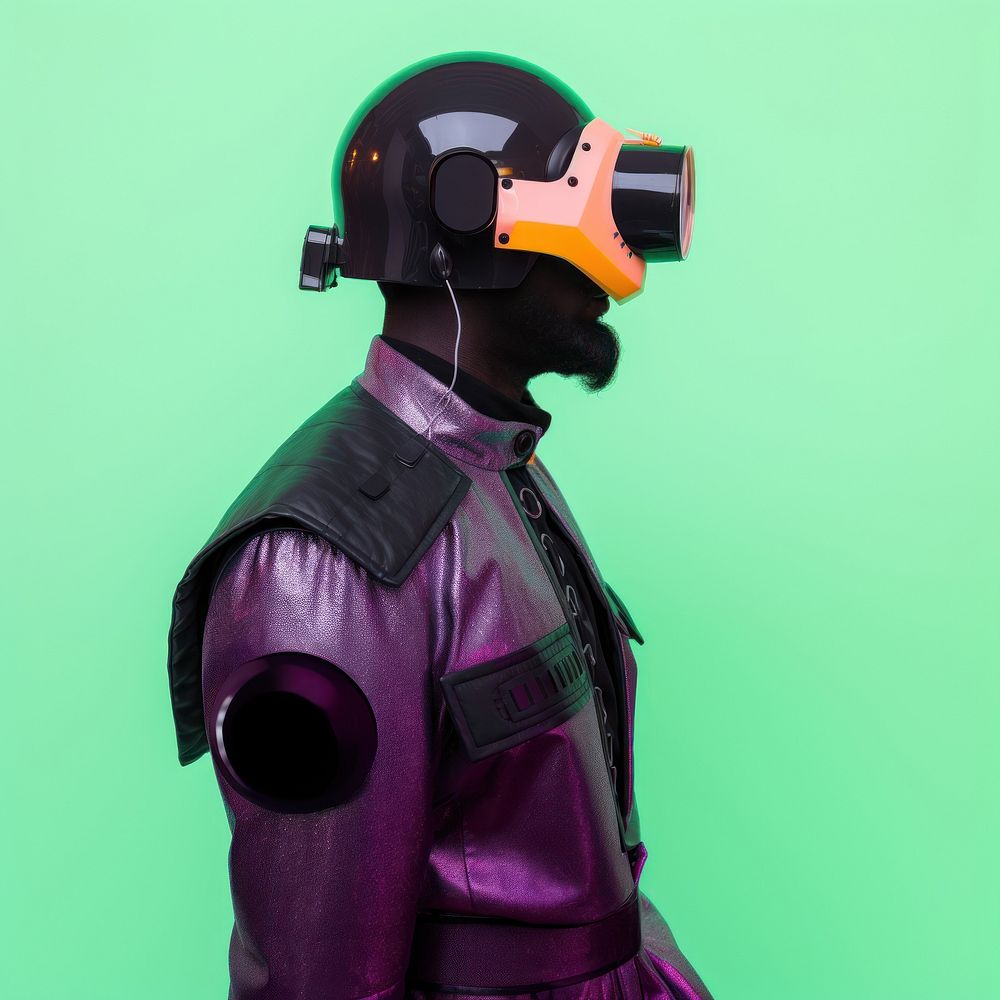 A cybernatic man wearing futuristic outfit clothing apparel helmet.