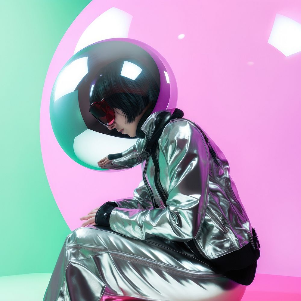 A cyberpunk astronaut floating in metalic bubble accessories accessory clothing.
