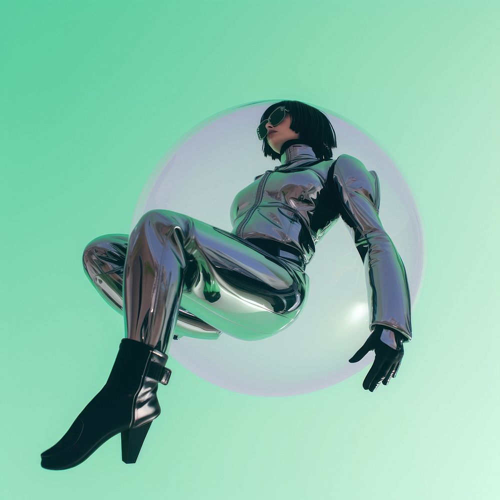 A cyberpunk astronaut floating in metalic bubble clothing footwear apparel.
